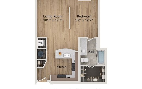 A floor plan of a small apartment with a living room, bedroom, kitchen, and bathroom.