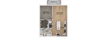 A floor plan of a small apartment with a bedroom, living room, kitchen, and bathroom.