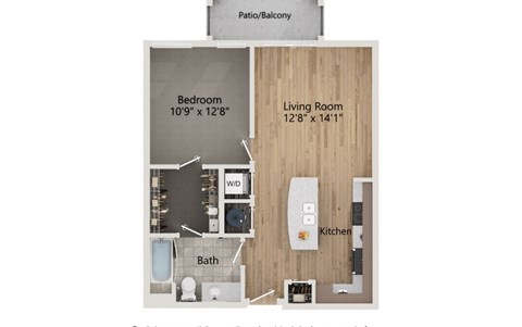 A floor plan of a small apartment with a bedroom, living room, kitchen, and bathroom.