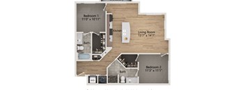 A floor plan of a home with two bedrooms, a living room, kitchen, and bathrooms.