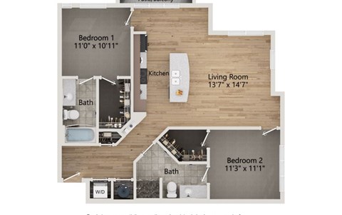 A floor plan of a home with two bedrooms, a living room, kitchen, and bathrooms.