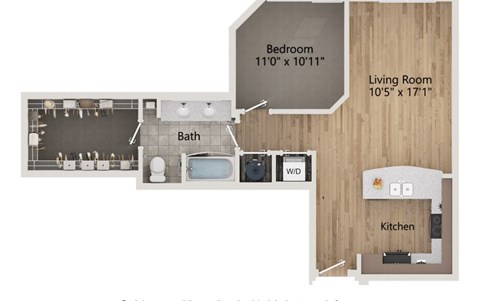 A floor plan of a small apartment with a bedroom, living room, kitchen, bathroom, and a work desk.