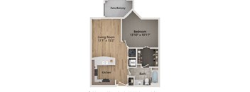 A floor plan of a home with a living room, kitchen, bathroom, and bedroom.