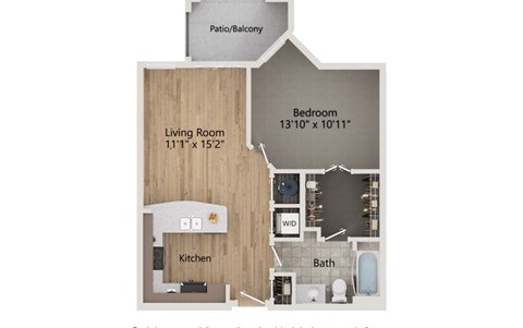 A floor plan of a home with a living room, kitchen, bathroom, and bedroom.