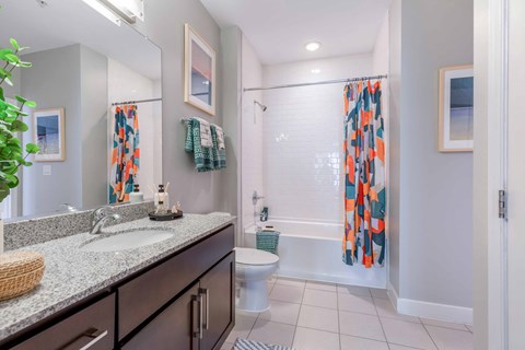 a bathroom with a shower toilet and sink