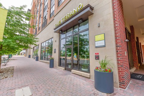 a view of the front of the building with potted plants on the sidewalk