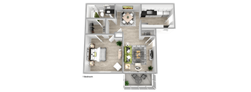 A 3D floor plan of a one bedroom apartment.