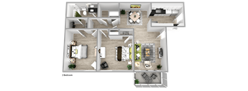A 3D floor plan of a two bedroom apartment.
