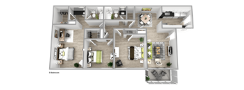 A 3 bedroom apartment layout with a living room, kitchen, and dining area.