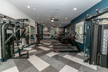 A gym with a variety of equipment including treadmills, elliptical machines, and weight machines.