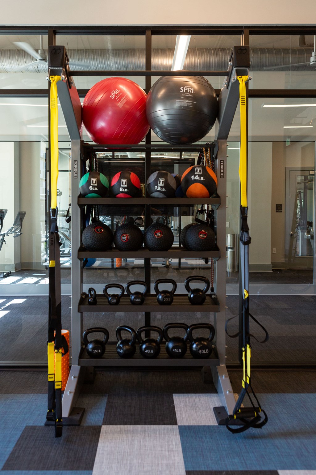 a rack with boxing balls and other equipment in a gym