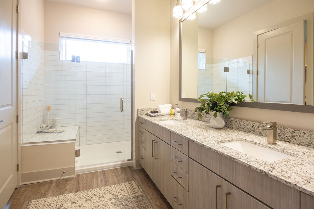 a bathroom with two sinks and a shower and a mirror