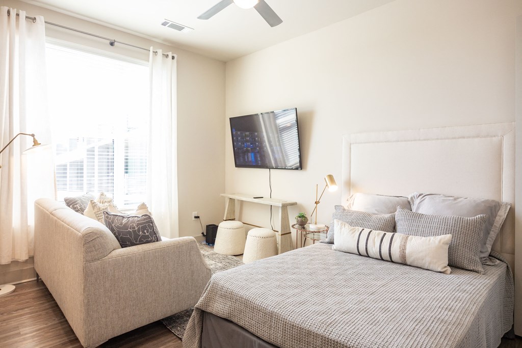 a bedroom with a bed and a couch and a tv