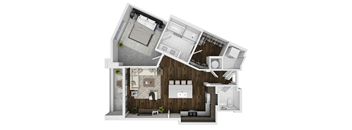 A top-down view of a house layout with a kitchen, living room, and bedrooms.