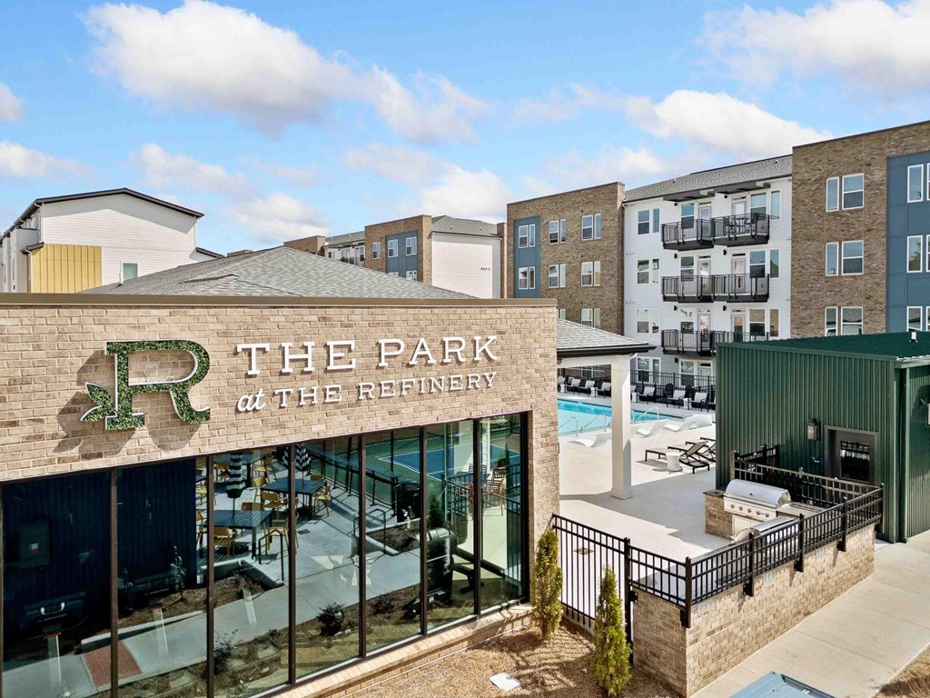 The Park at the Refinery is a modern apartment complex with a pool.