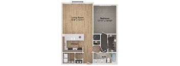 A floor plan of a small apartment with a living room, kitchen, and bathroom.