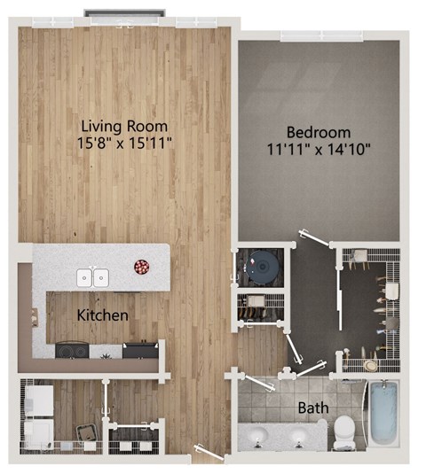A floor plan of a small apartment with a living room, kitchen, and bathroom.
