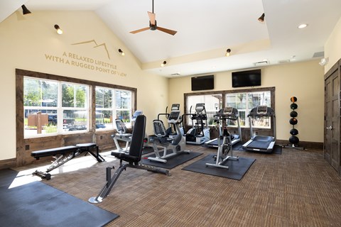 A gym with a variety of equipment including treadmills, weights, and a bench.