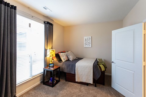 Dog-Friendly Apartments in Johnson City, TN - University Edge - Private Bedroom With Made Bed, Accent Pillows, Soft Carpet, Side Table Lamp, And Large Window With Blinds And Dark Curtains.