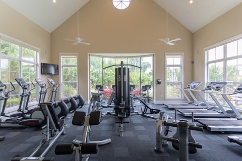 A gym with treadmills, exercise bikes, and a television.