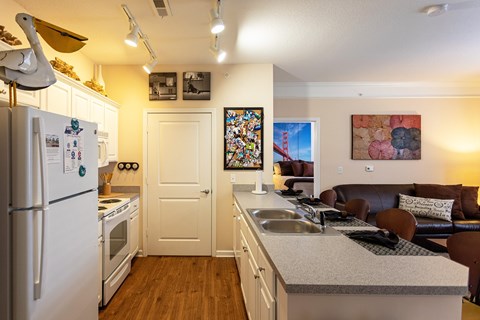 A kitchen with a white refrigerator and a white door.
