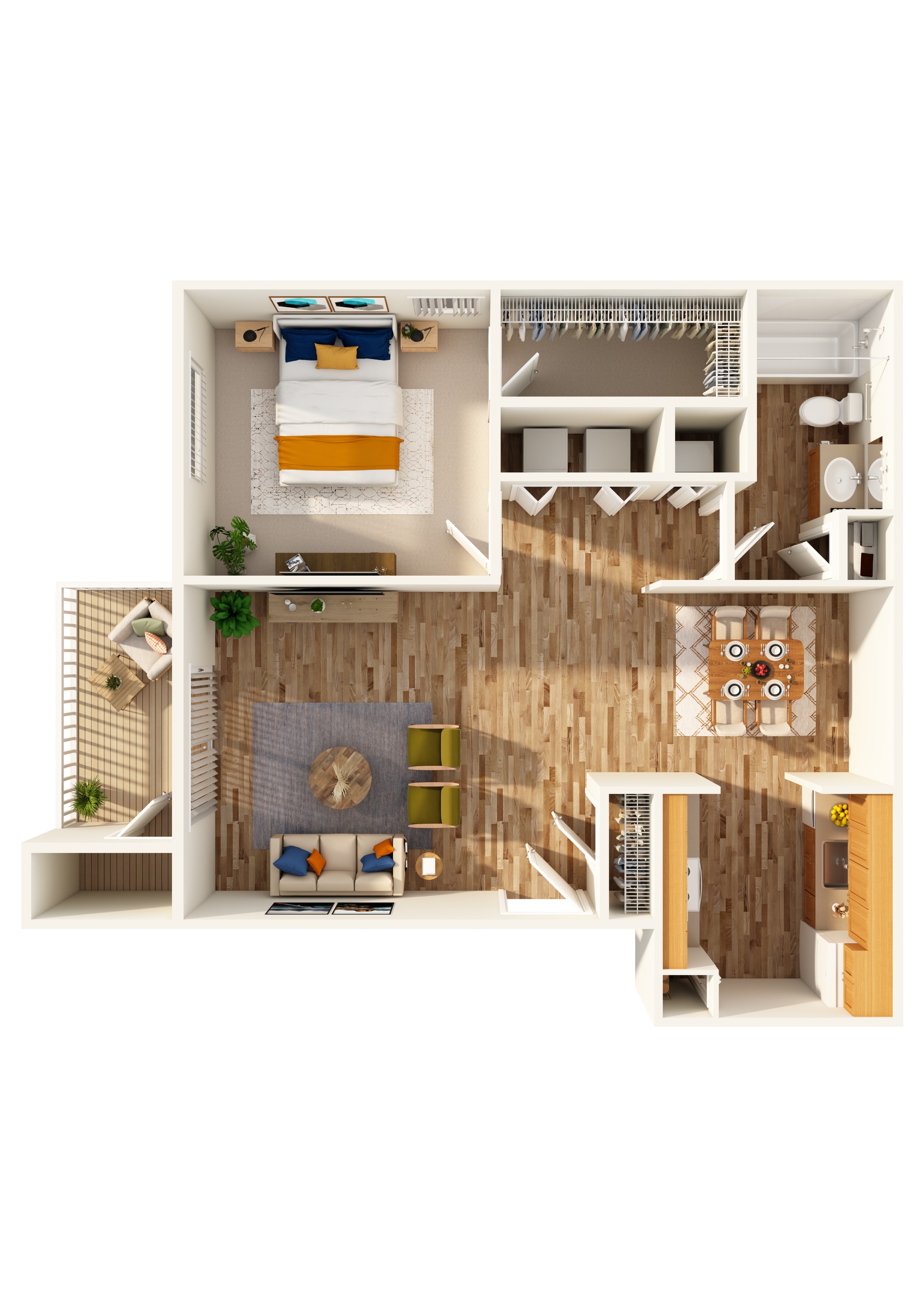 A top-down view of a small apartment with a bedroom, living room, kitchen, and bathroom.