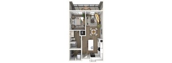 A 3D floor plan of a small apartment with a kitchen, living room, and bathroom.
