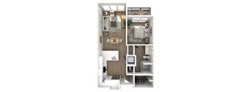 A 3D floor plan of a small apartment with a kitchen, living room, and bedroom.