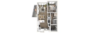 A floor plan of a small apartment with a kitchen, living room, and bathroom.