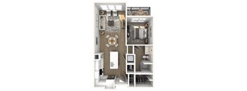 A top-down view of a small apartment with a kitchen, living room, and bathroom.