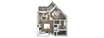 A 3D floor plan of a house showing the layout of the rooms.