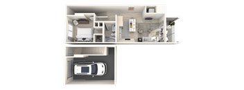 a 3d rendering of a house and a floor plan with a car