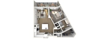 A 3D floor plan of a house showing a kitchen, living room, and bedrooms.