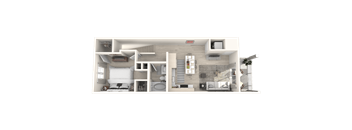 A 3D rendered image of a modern house layout.