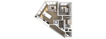 A 3D floor plan of a house with a kitchen, living room, and bedrooms.