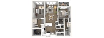 A 3D floor plan of a small apartment with a kitchen, living room, and bathroom.