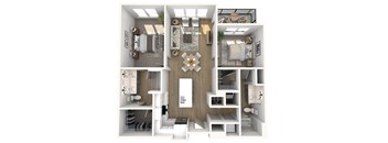 A 3D floor plan of a modern apartment with a kitchen, living room, and bathroom.