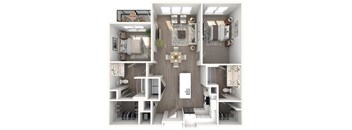 A 3D floor plan of a modern apartment with a kitchen, living room, and bathroom.