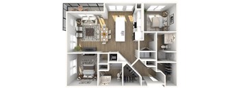 A 3D floor plan of a house with various rooms and furniture.