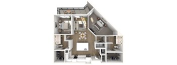 A 3D floor plan of a modern apartment with a kitchen, living room, and bedrooms.