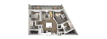 A 3D floor plan of a house showing a kitchen, living room, and two bedrooms.