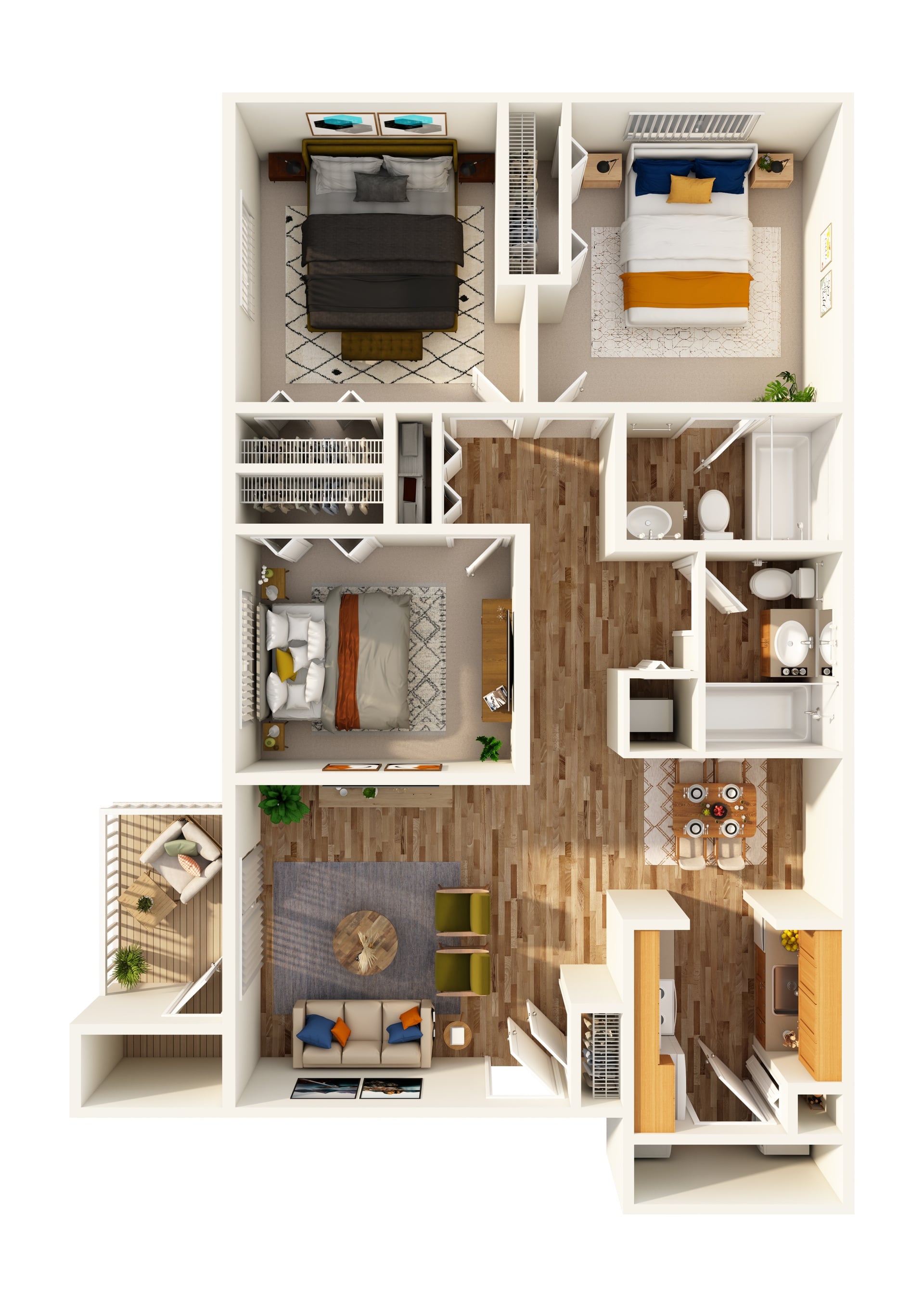 A top-down view of a small apartment with a bedroom, living room, kitchen, and bathroom.