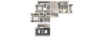 A 3D floor plan of an apartment with a car garage.