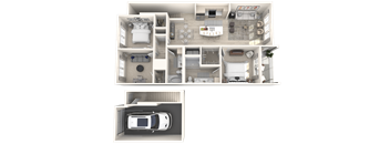 a 3d model of a house and a floor plan with a car