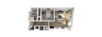 A 3D floor plan of a small apartment with a bedroom, living room, and kitchen.