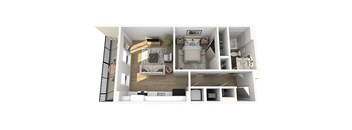 A top-down view of a modern, minimalist apartment with a living area, kitchen, and bedroom.