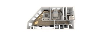 A top-down view of a modern, minimalist apartment with a kitchen, living room, and bedroom.