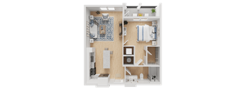 A 3D floor plan of a small apartment with a bathroom and kitchen.