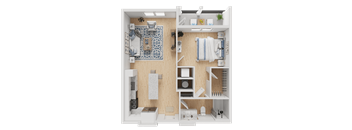 A 3D rendered image of a small apartment layout.
