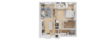 A 3D floor plan of a small apartment with a kitchen, living room, and bathroom.